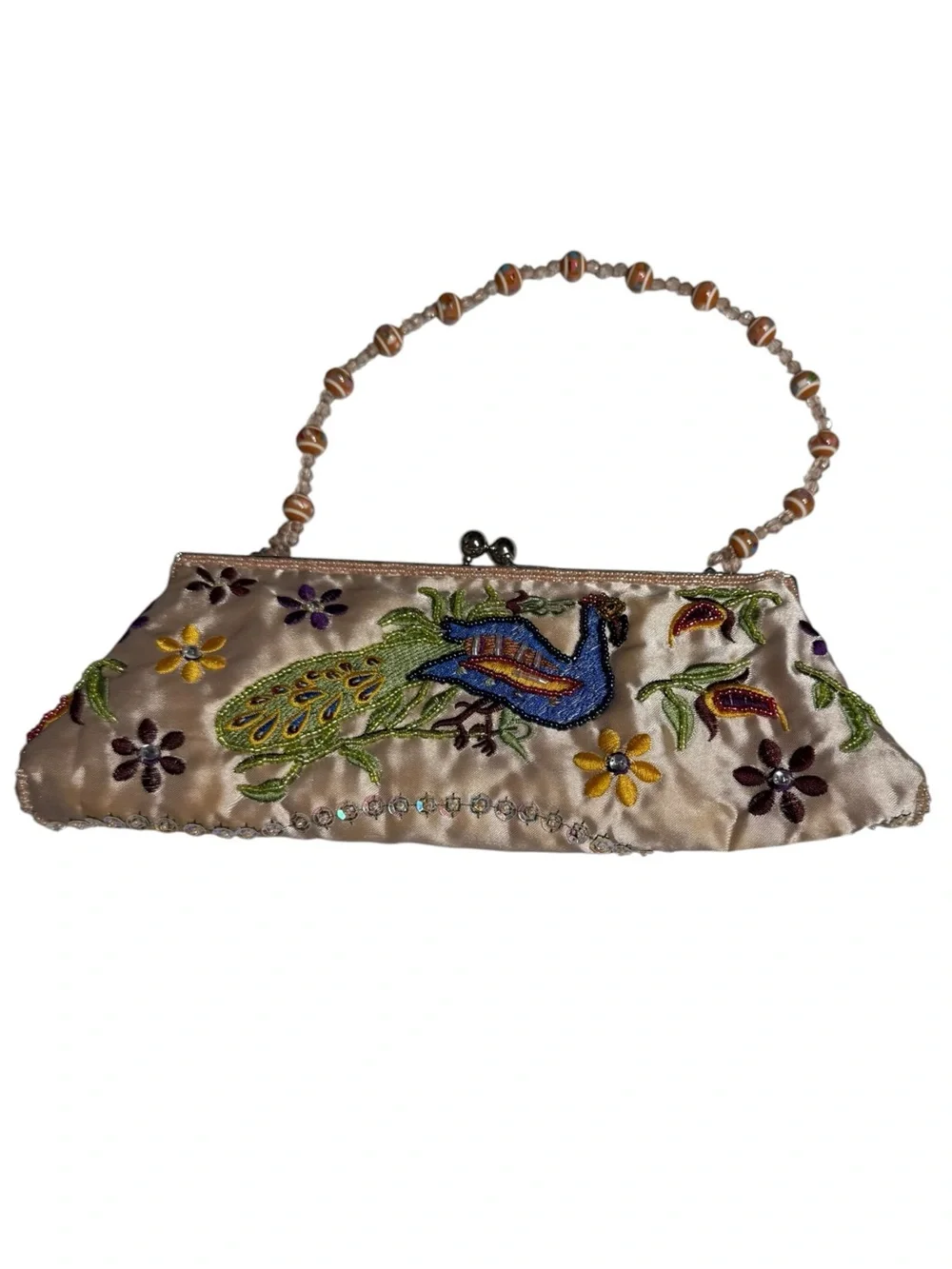 Embroidered Peacock Beaded Handle Evening Bag - Cream